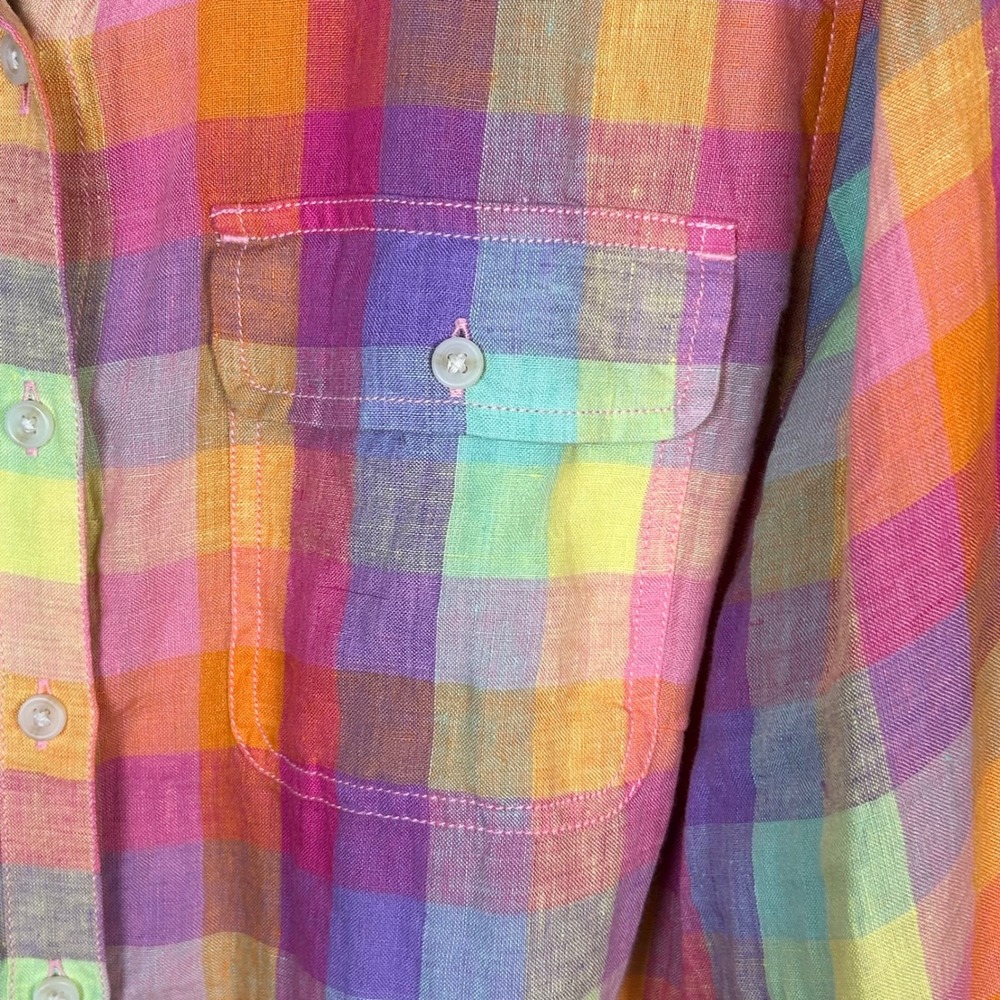 Lands End Linen Shirt Womens 1X Rainbow Madras Plaid Button Down Colorful Preppy - Picture 5 of 11